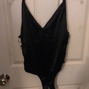 Black F21 bodysuit with gold ring detail